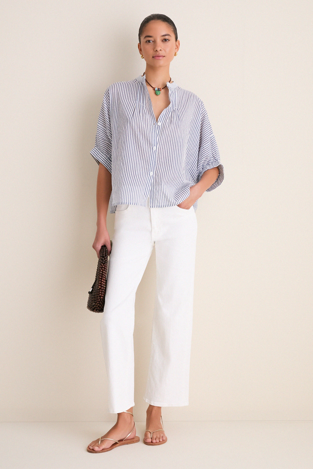 Indigo Stripe Organic Mandarin Collar Top