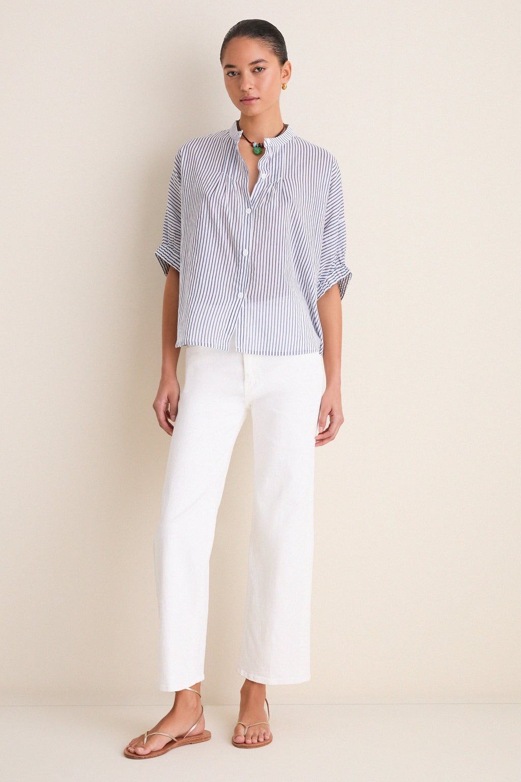 Indigo Stripe Organic Mandarin Collar Top