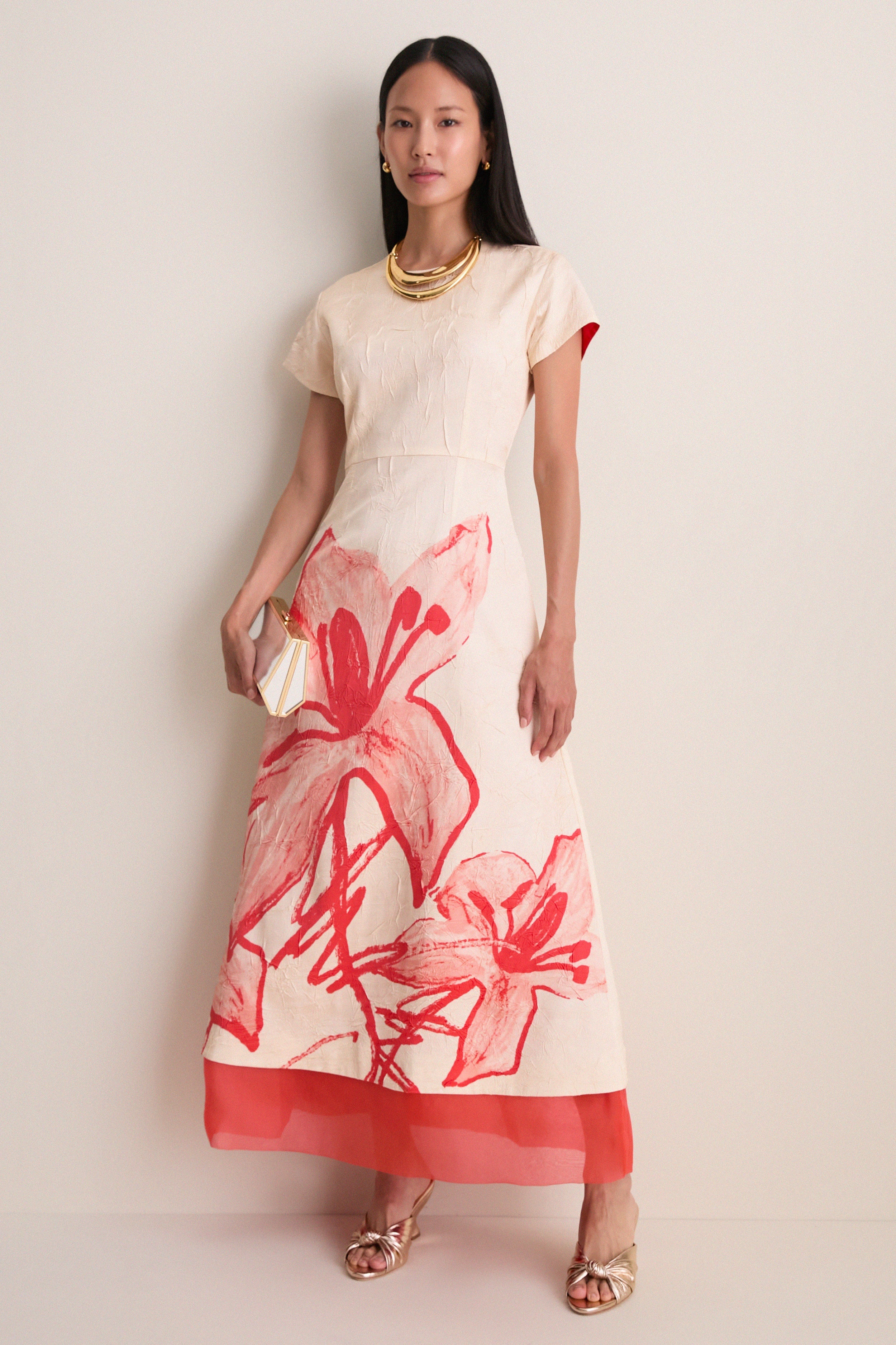 Ecru and Coral Red Ayrin Dress