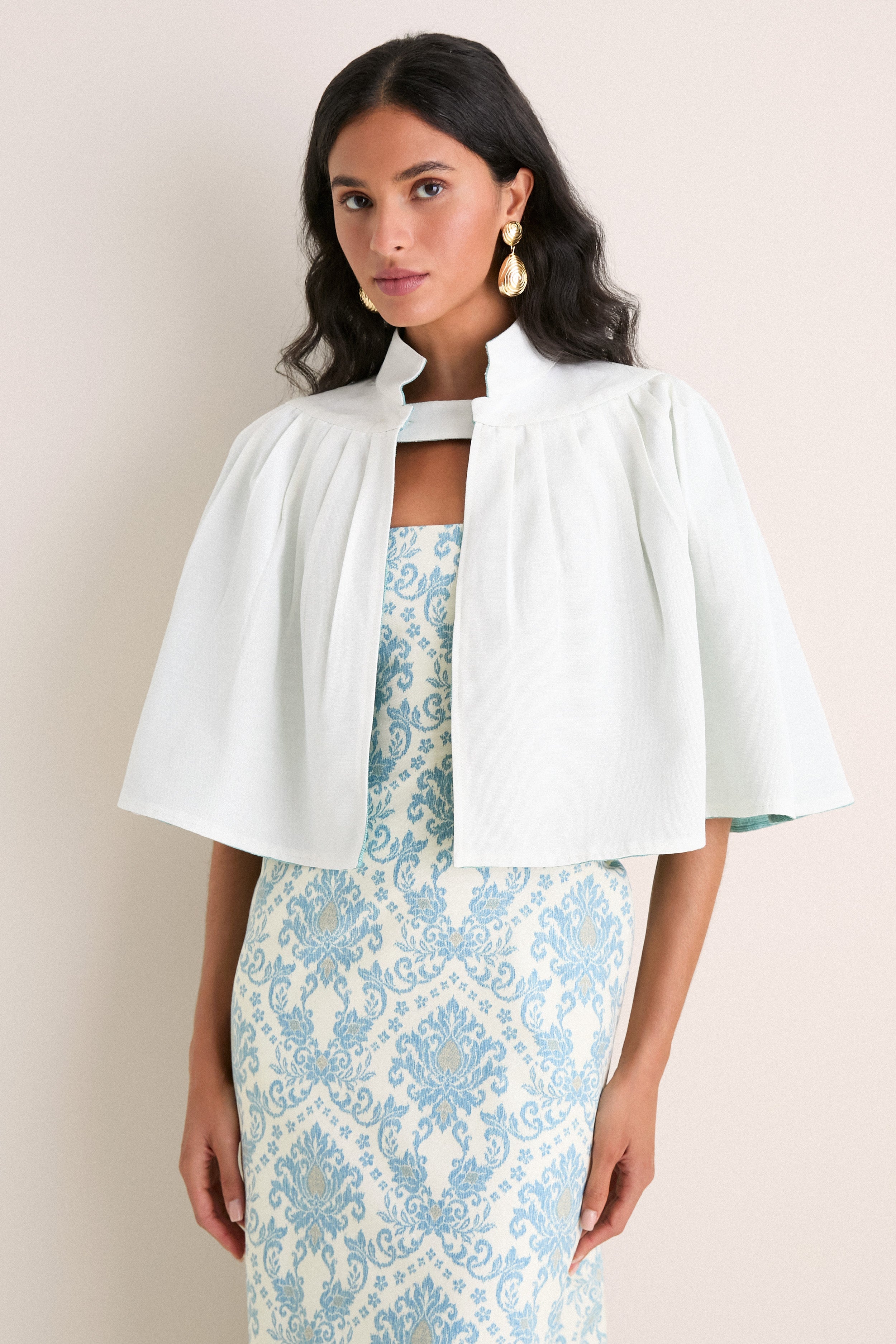 Exclusive Aqua Silk and Ivory Faille Reversible Cape