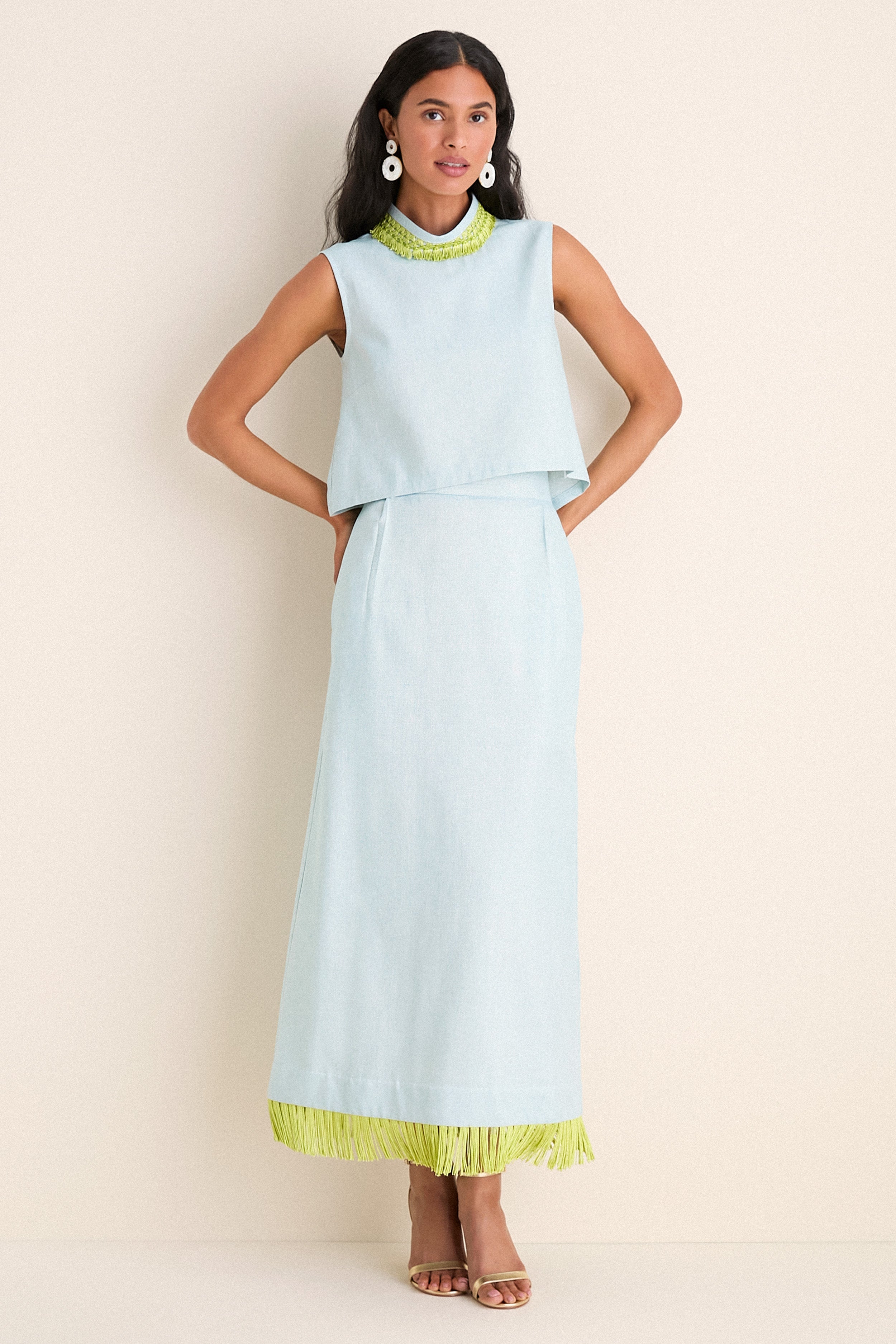 Exclusive Blue Shimmer Linen with Chartreuse Trim Hostess Set
