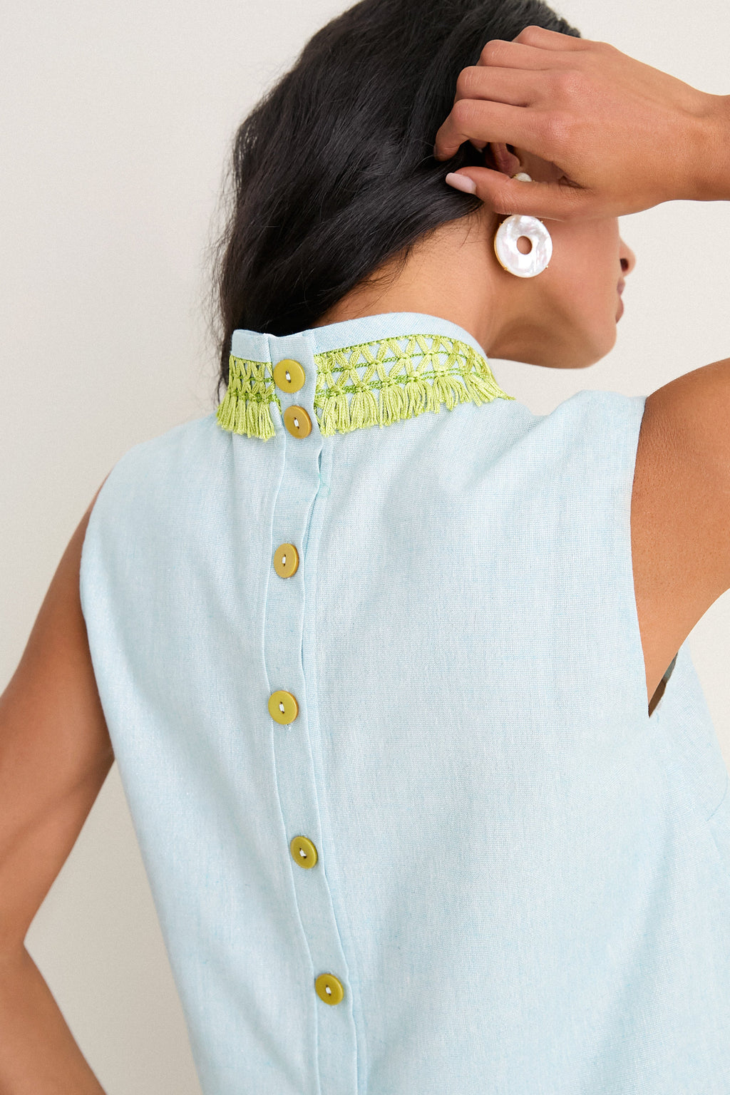Exclusive Blue Shimmer Linen with Chartreuse Trim Hostess Set