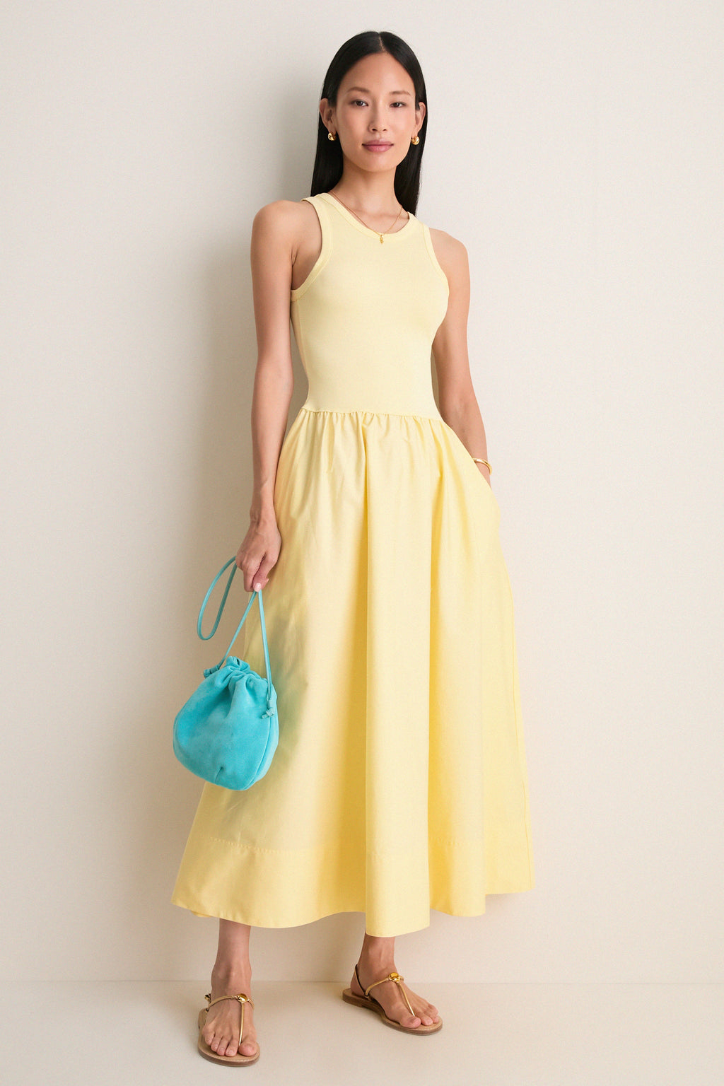 T Bird Yellow Poplin Woven Crewneck Dress