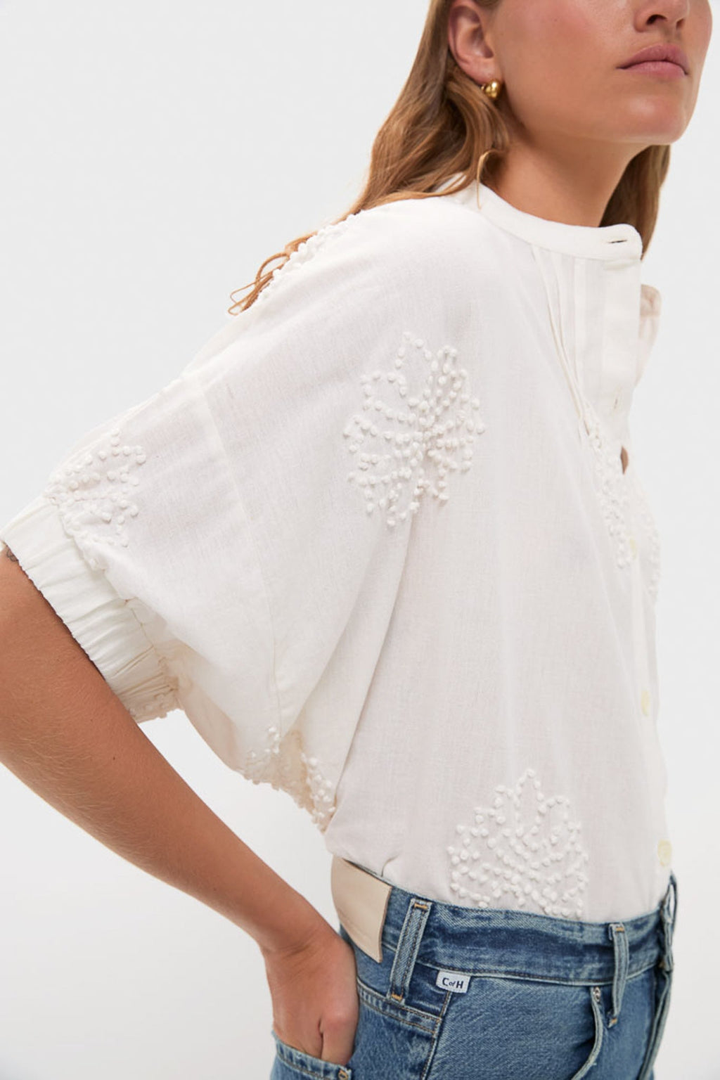 French Knot Floral Sand Mandarin Collar Top