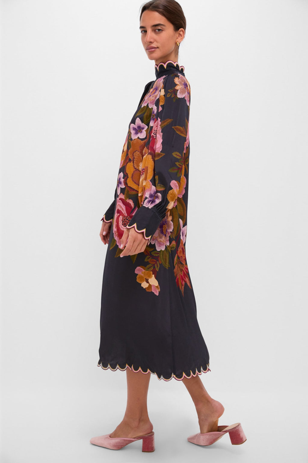Black Chenille Flowers Midi Dress
