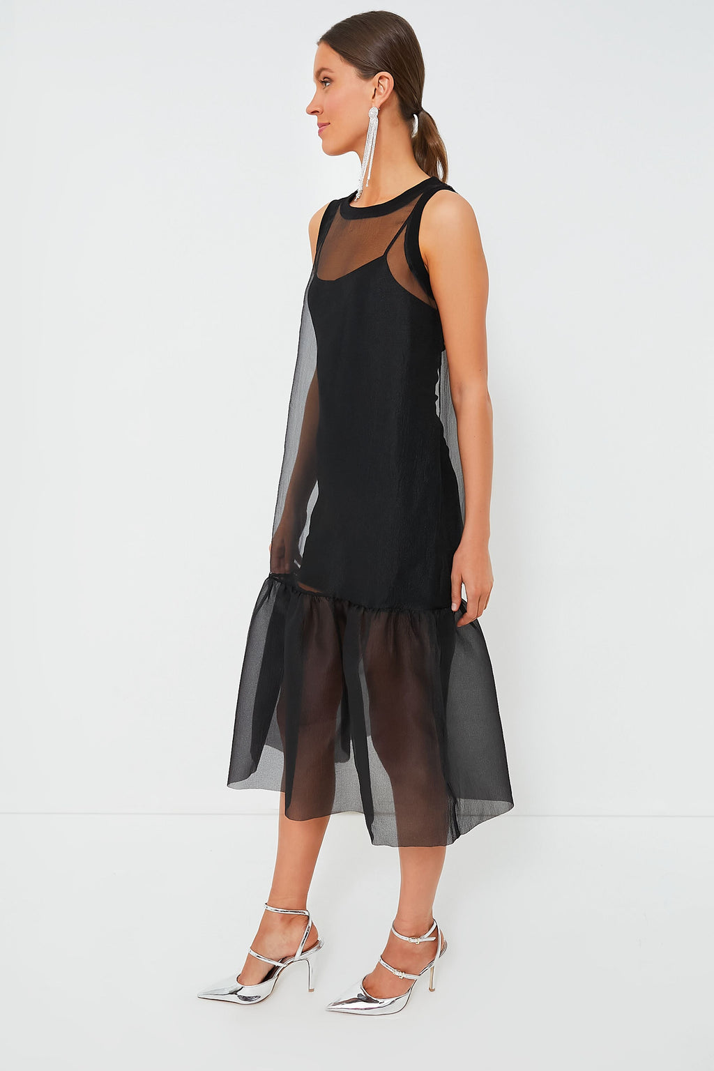 Black Midi Organza Ribbed Dress