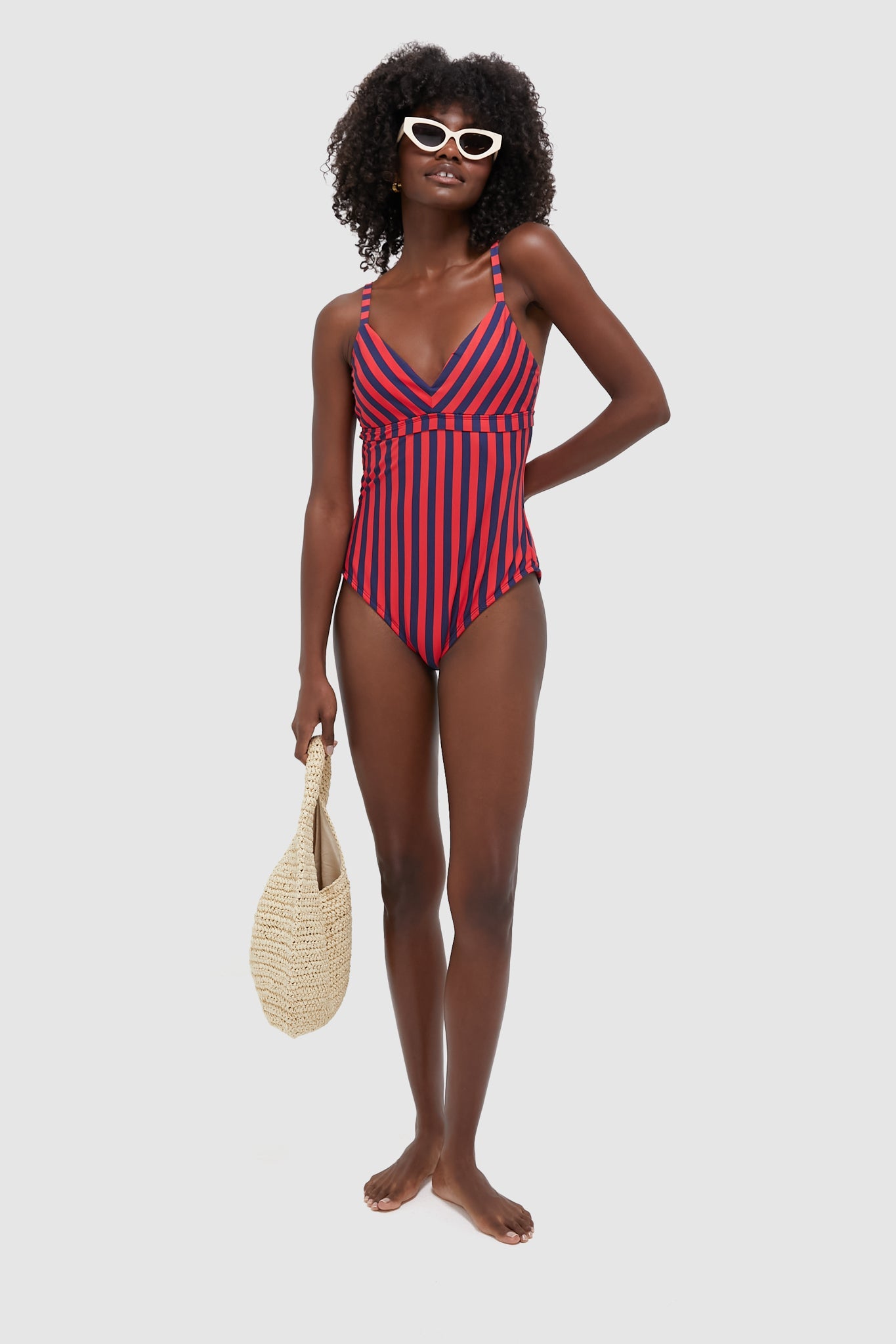 Hot Pepper and Navy Striped Dreamsculpt Push-Up Plunge One Piece