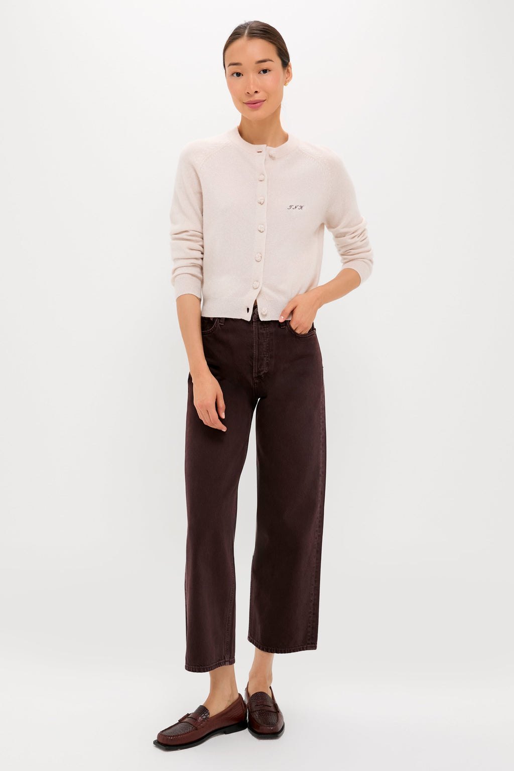 Lightweight Sandstone Cashmere Knot Button Cardigan