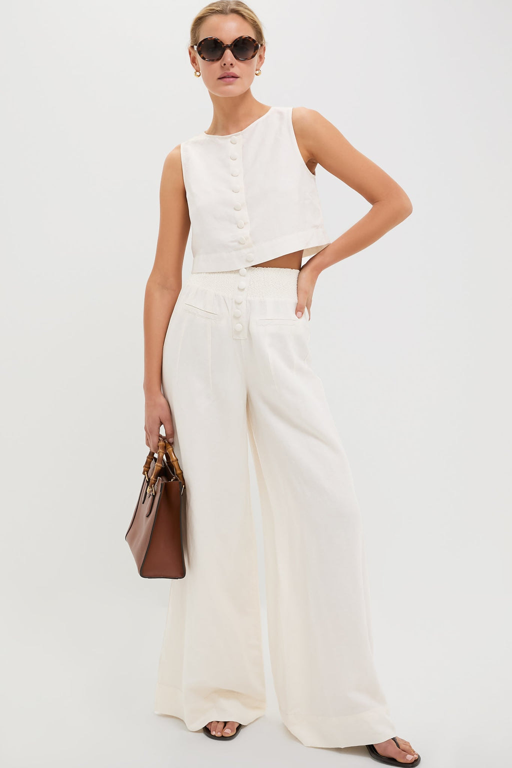 Off-White Button Front Palazzo Pant