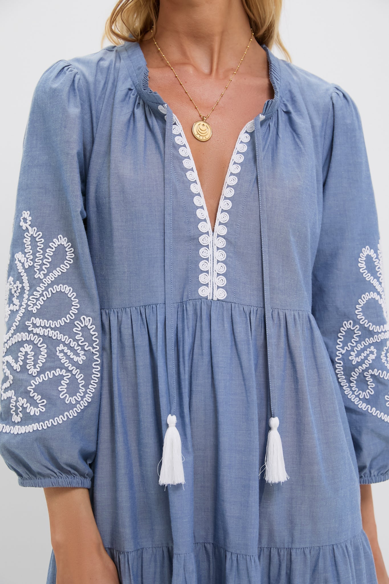 Embroidered Chambray Long Sleeve Salty Paloma Caftan