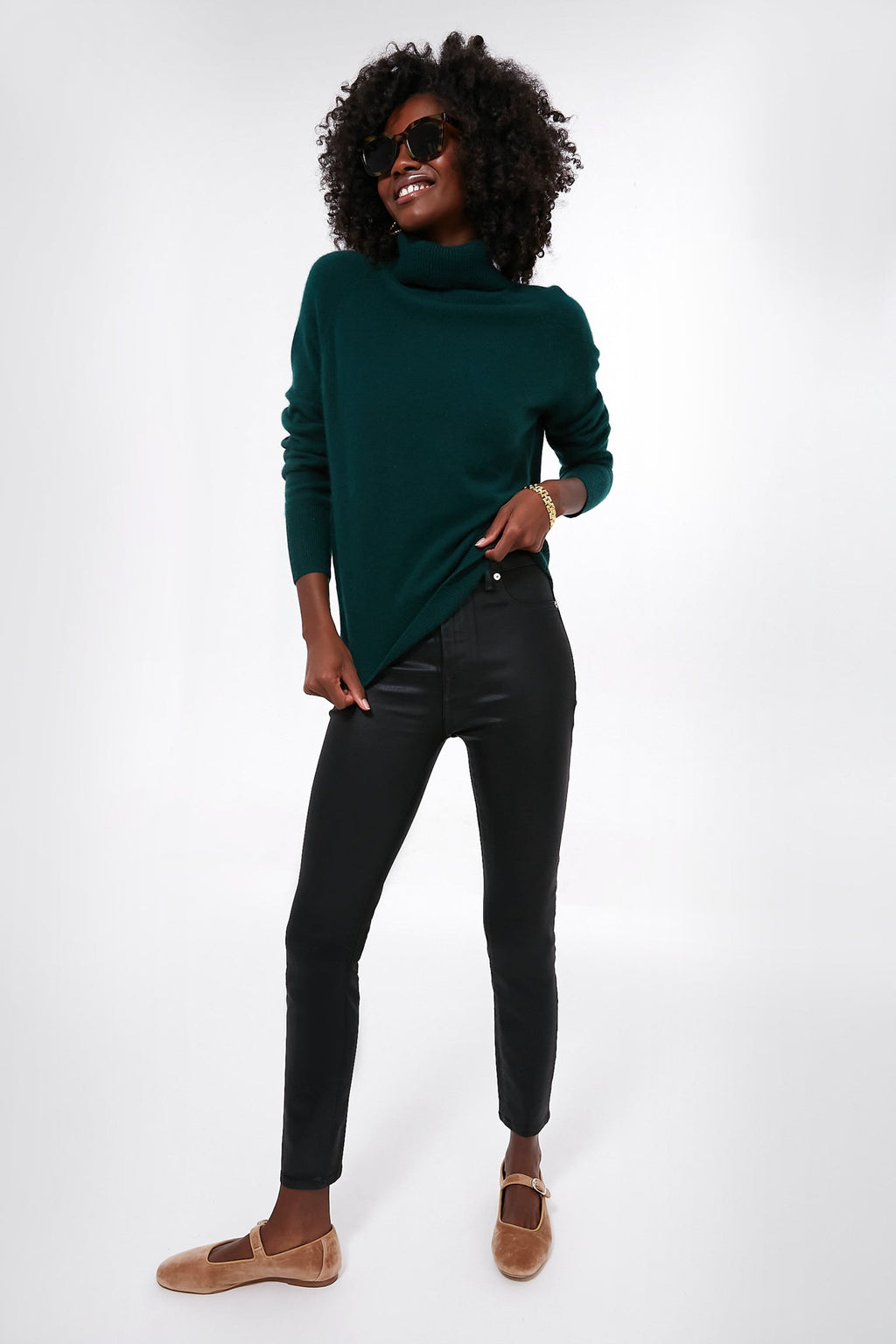 Cyprus Green Cashmere Ribbed Trim Turtleneck