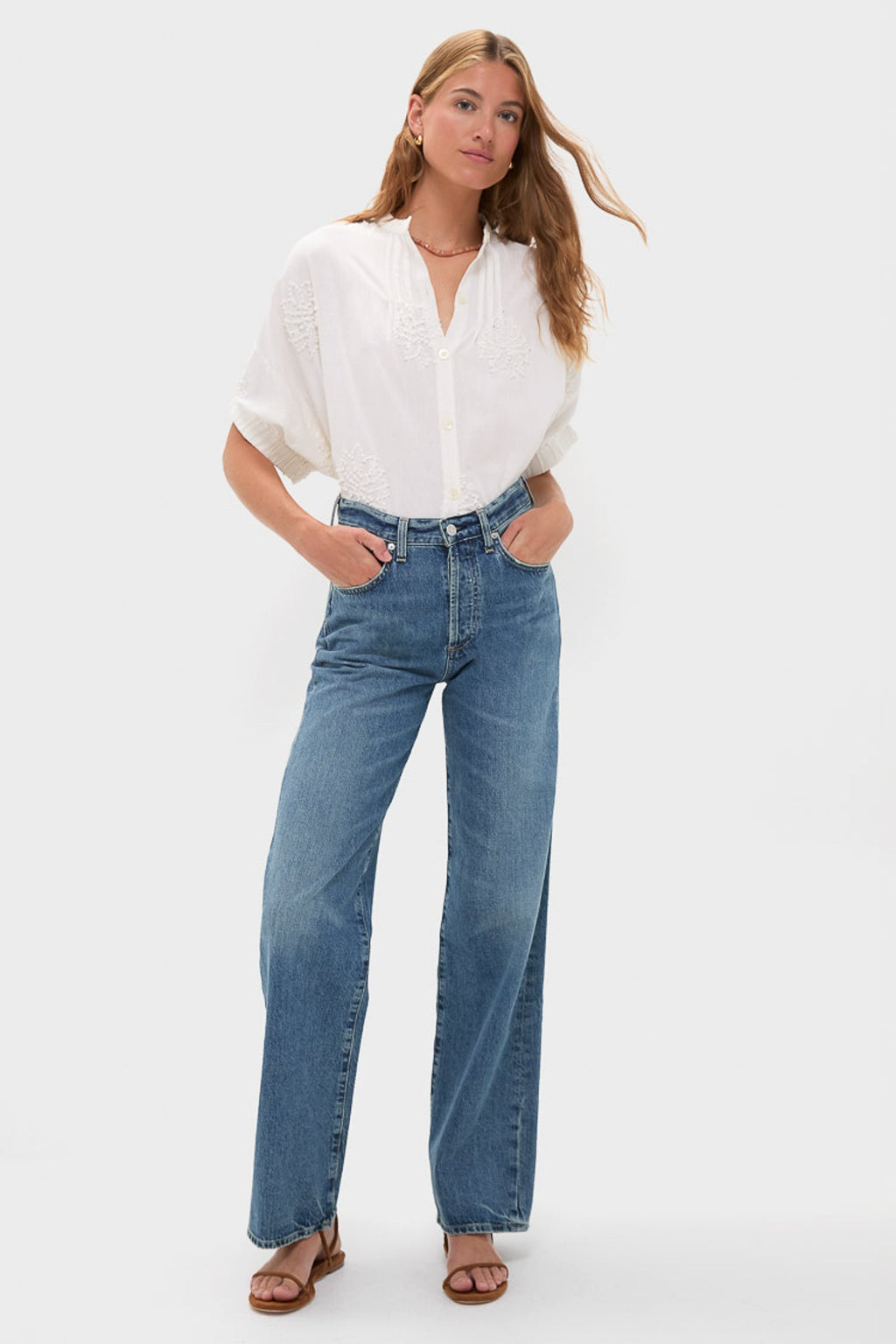 French Knot Floral Sand Mandarin Collar Top