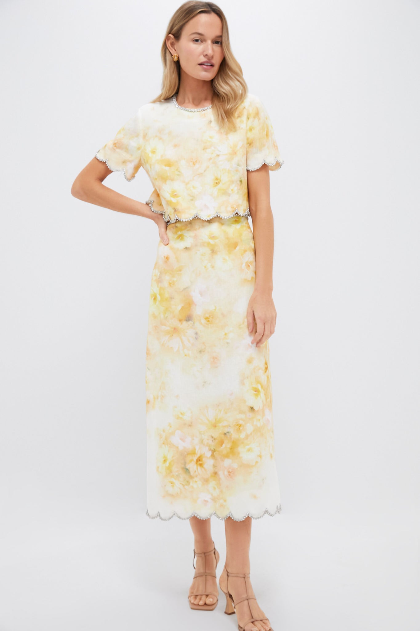 Yellow Floral Crush Scalloped Top