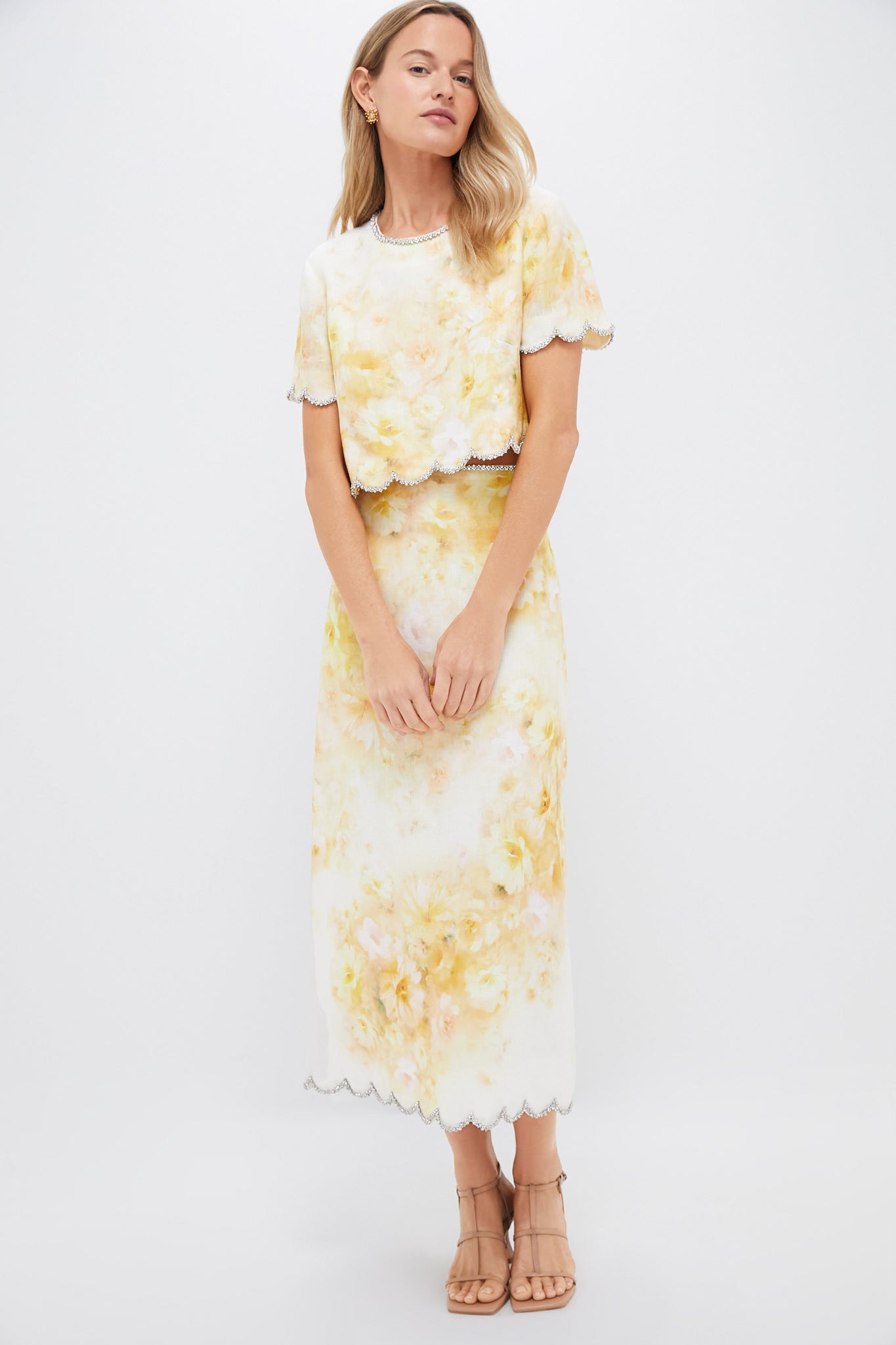 Yellow Floral Crush Scalloped Top