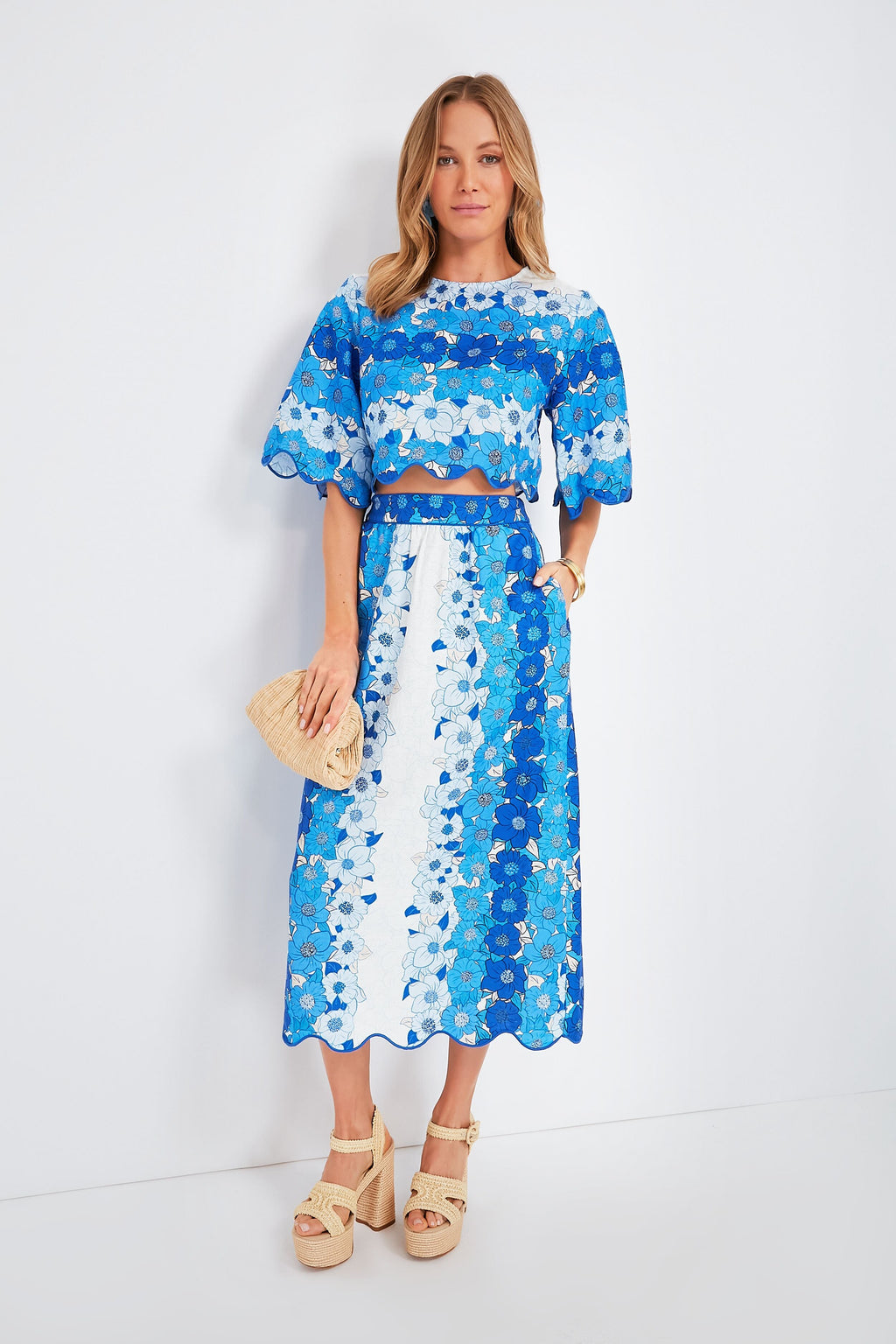 Flower Stripes Off White Midi Skirt