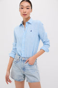 Light Blue and White Linen Long Sleeve Button Front Shirt