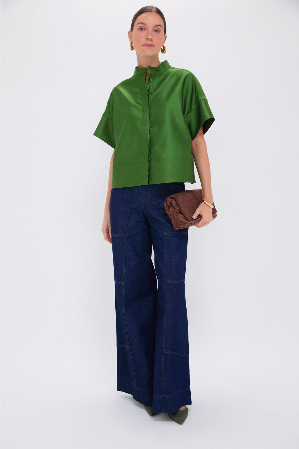 Green Dupioni Trapunto Stitch Sofia Shirt