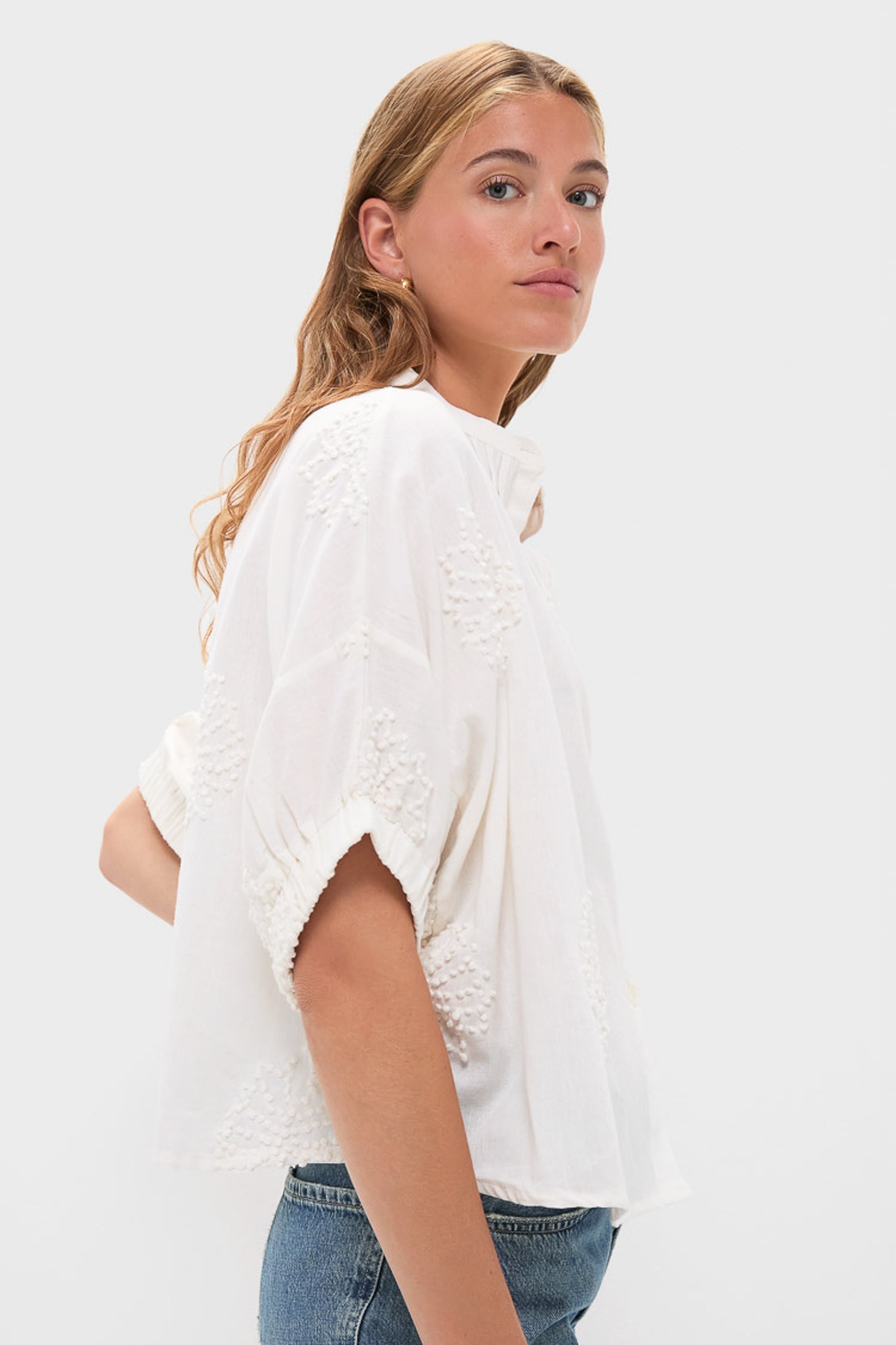 French Knot Floral Sand Mandarin Collar Top