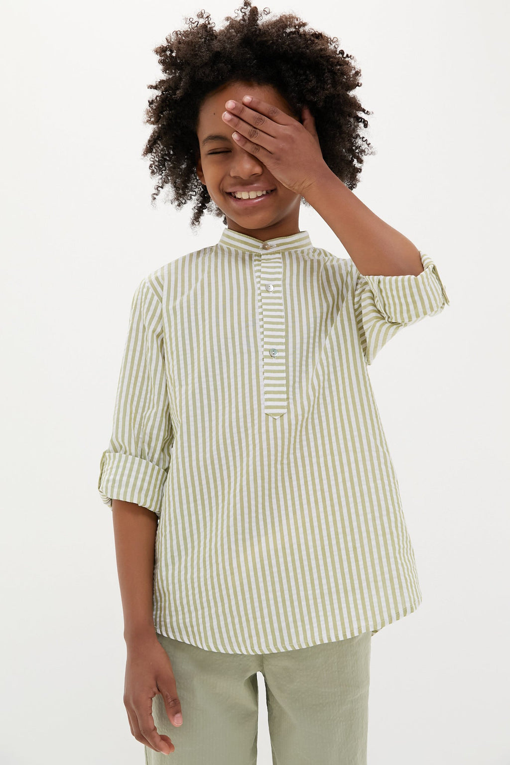 Green Stripe Jazmin Linen Mix Long Sleeve Shirt