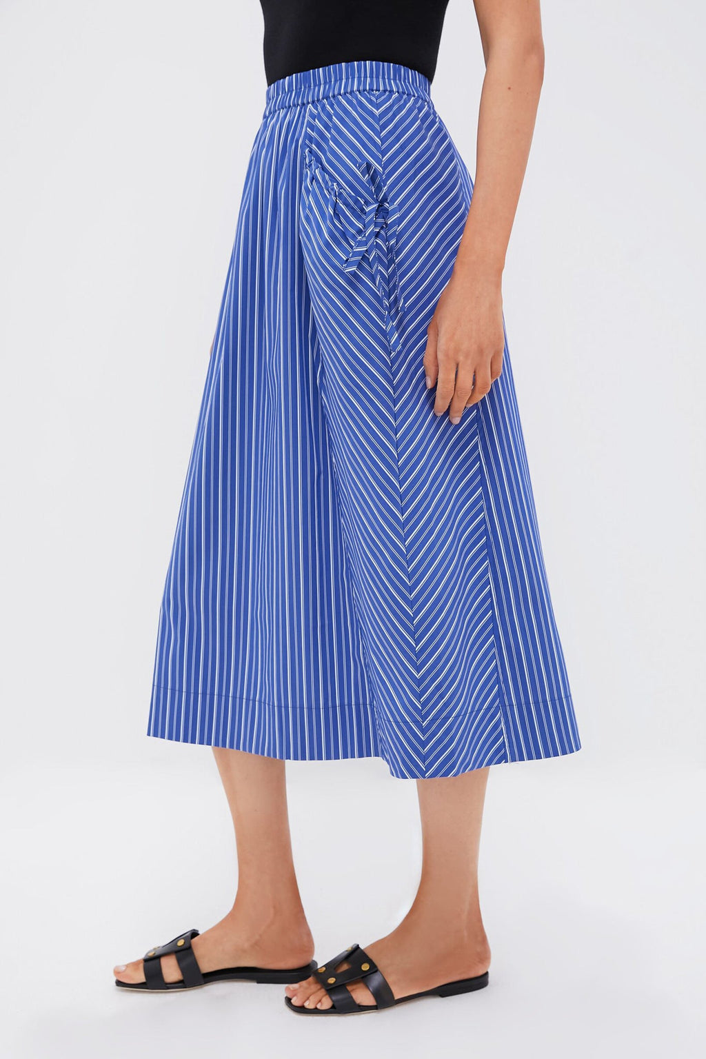 Dark Blue and White Kendall Play Stripe Midi A-Line Skirt