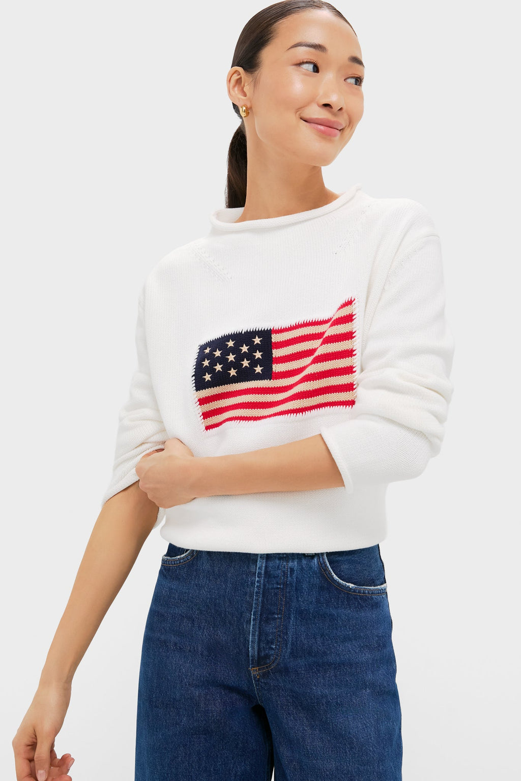 Ivory Cotton Rollneck Americana Sweater