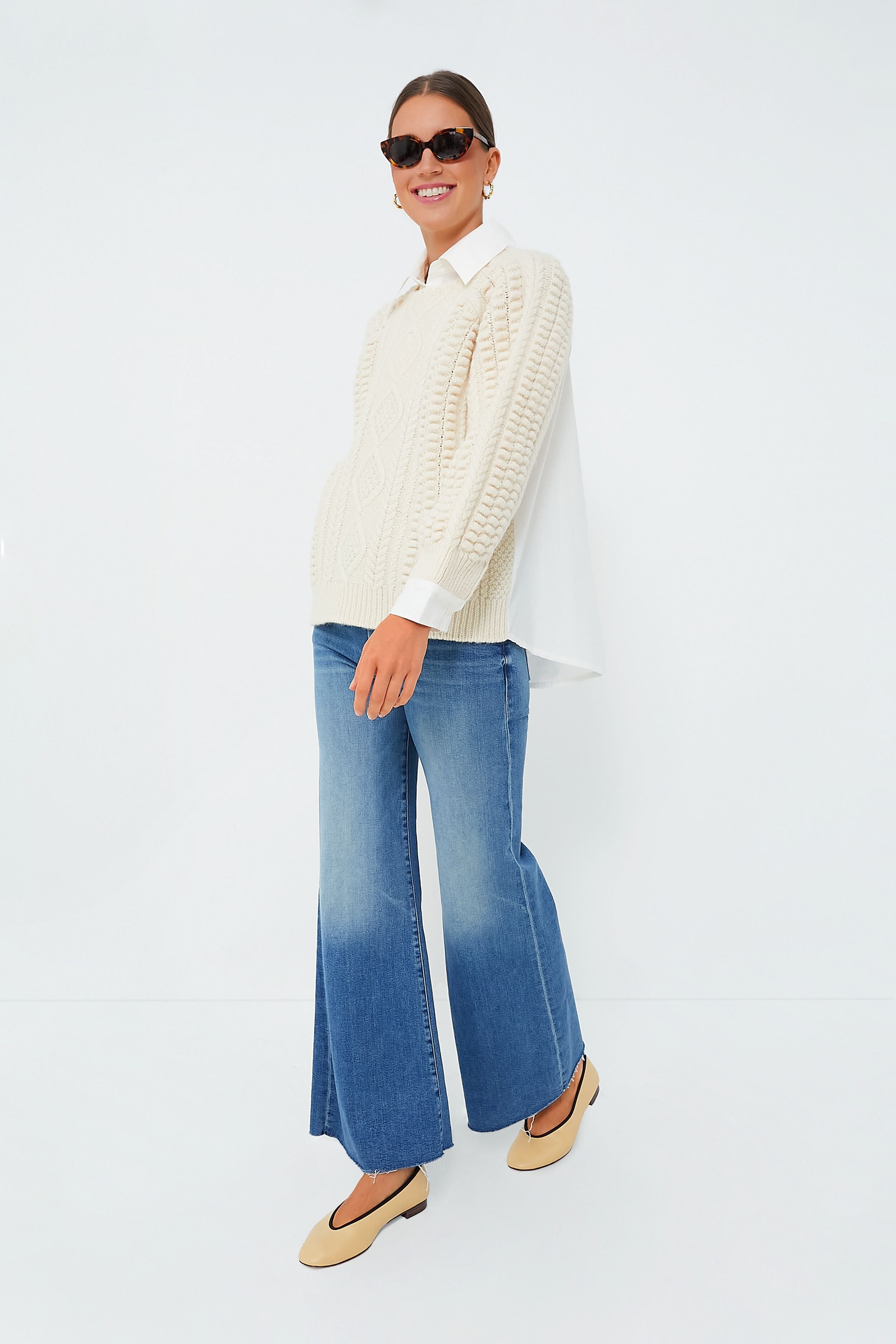 Cream Leni Fisherman Cable Long Sleeve Combo Sweater