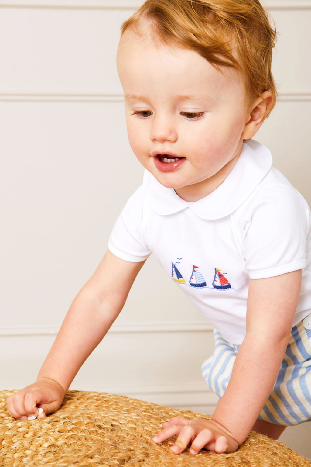 Embroidered Boat Motif Peter Pan Collar Bodysuit in White
