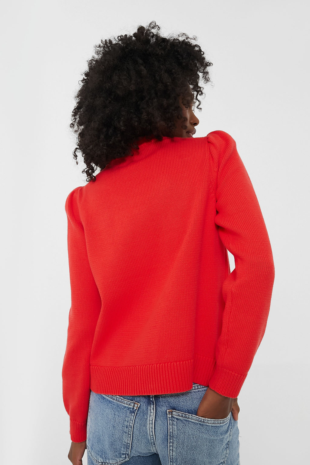Red Cropped Puff Sleeve Americana Sweater