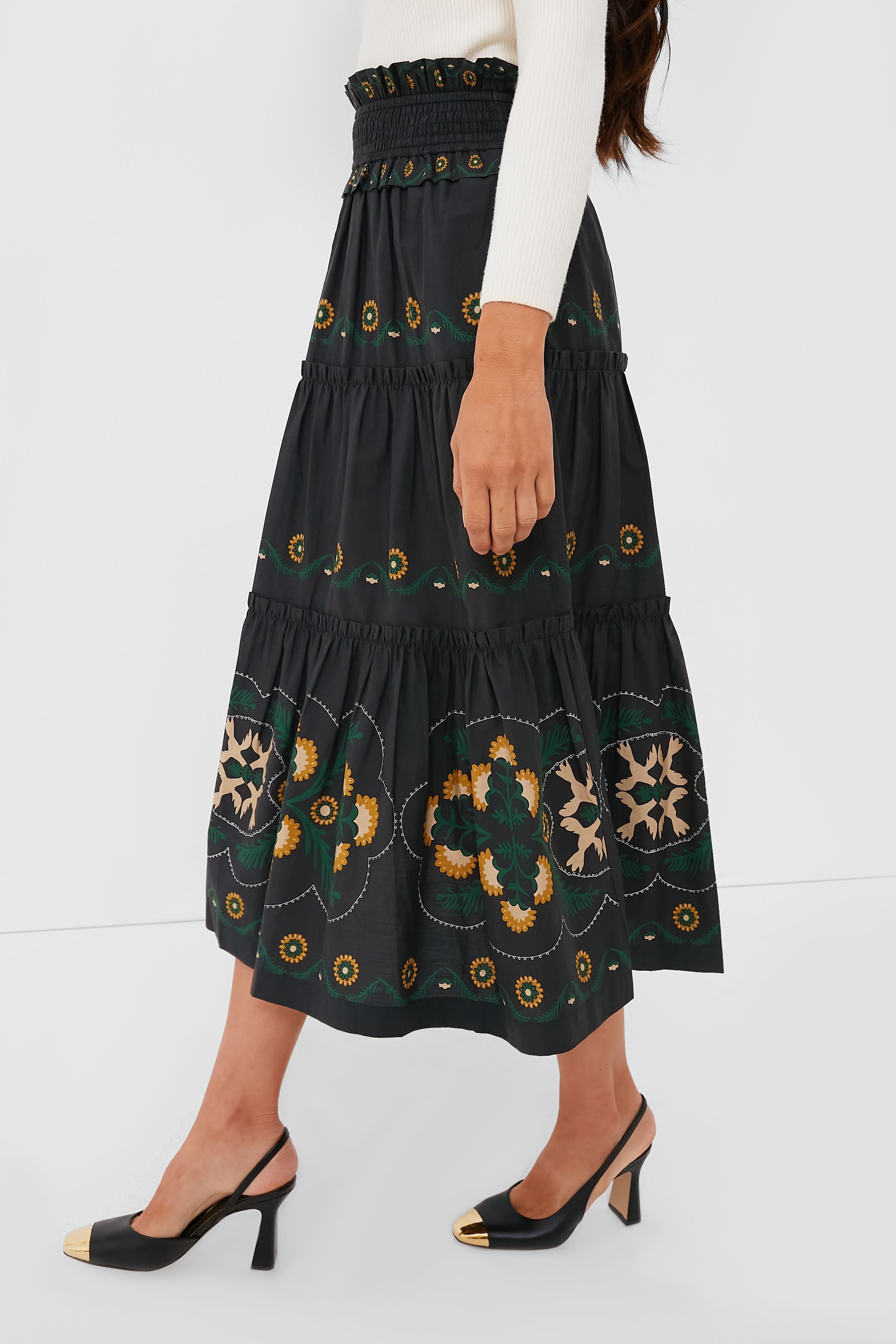Black Perle Print Tiered Skirt