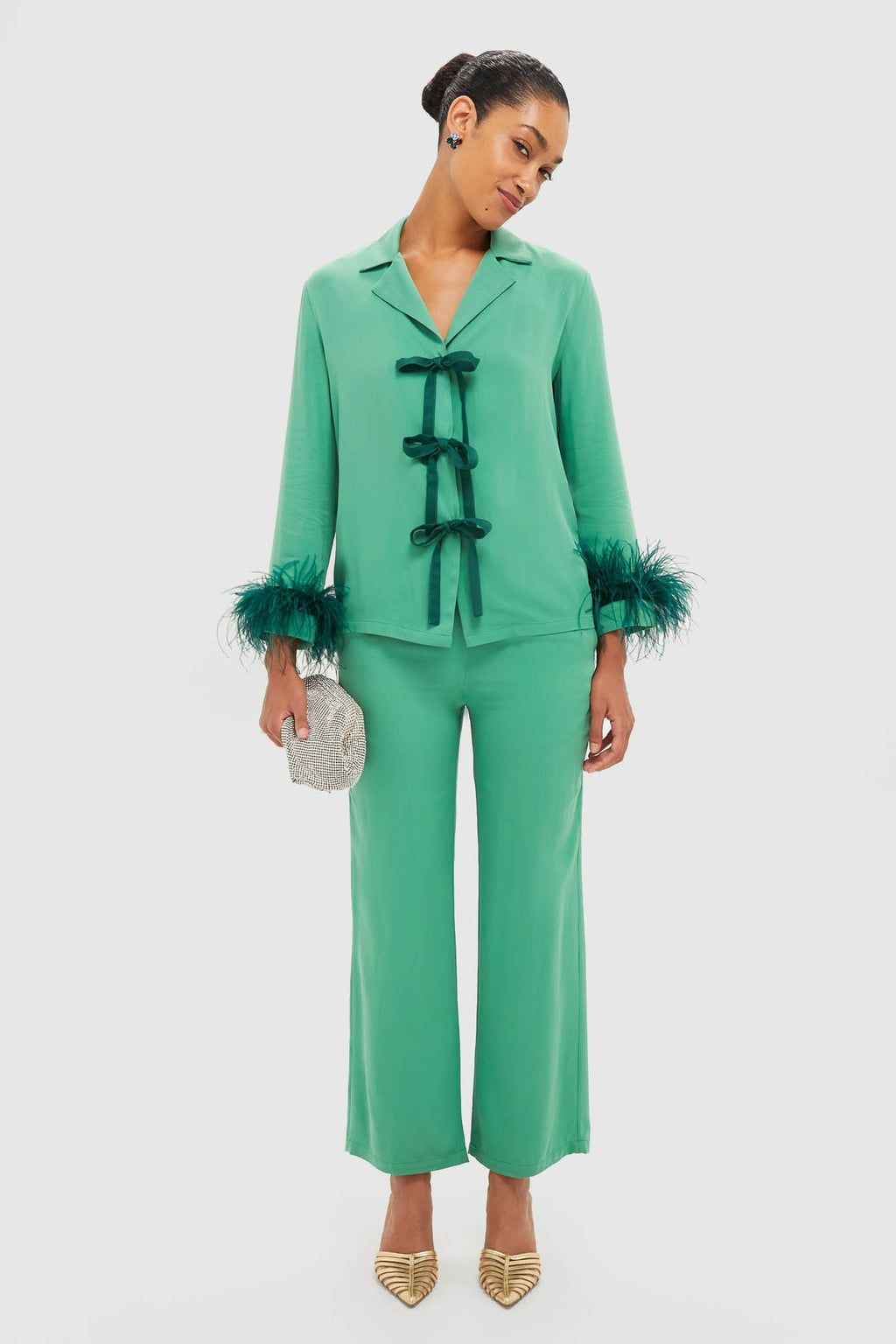 Green Bow Pajama Set with Detachable Feathers