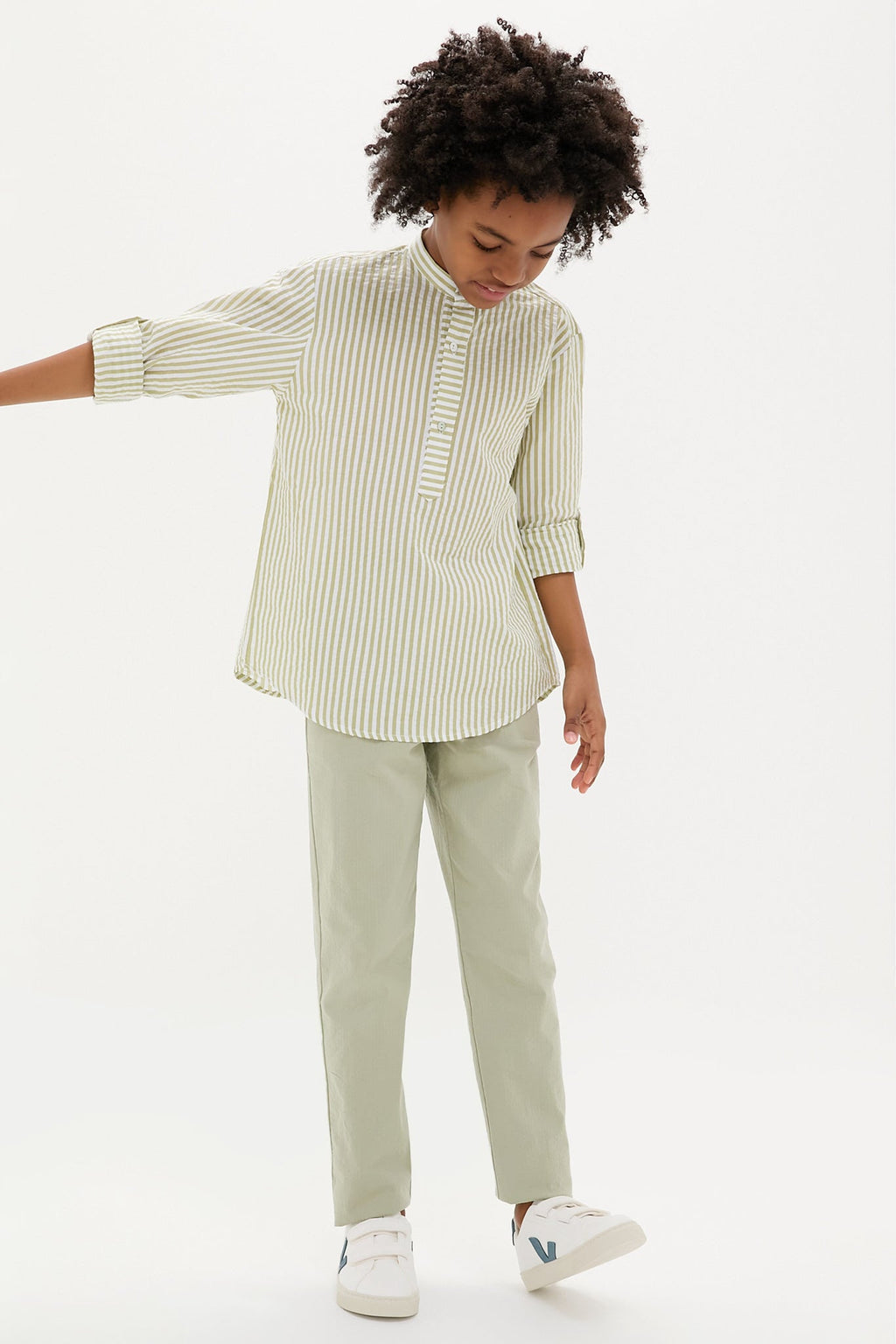 Green Stripe Jazmin Linen Mix Long Sleeve Shirt
