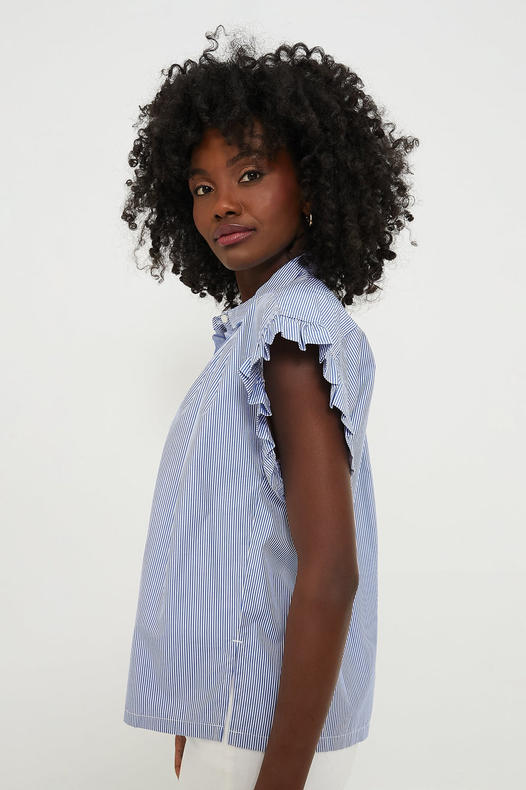 Blue and White Stripe Marianne B Ruffle Sleeve Shirt