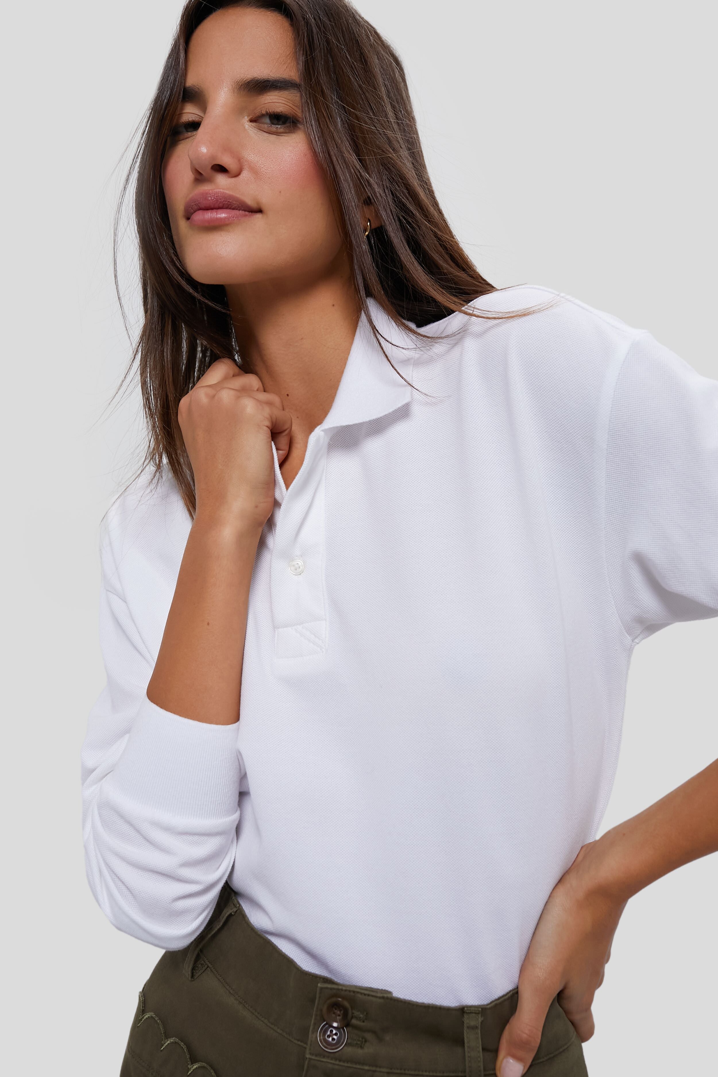 White Long Sleeve Pique Holmes Boyfriend Polo