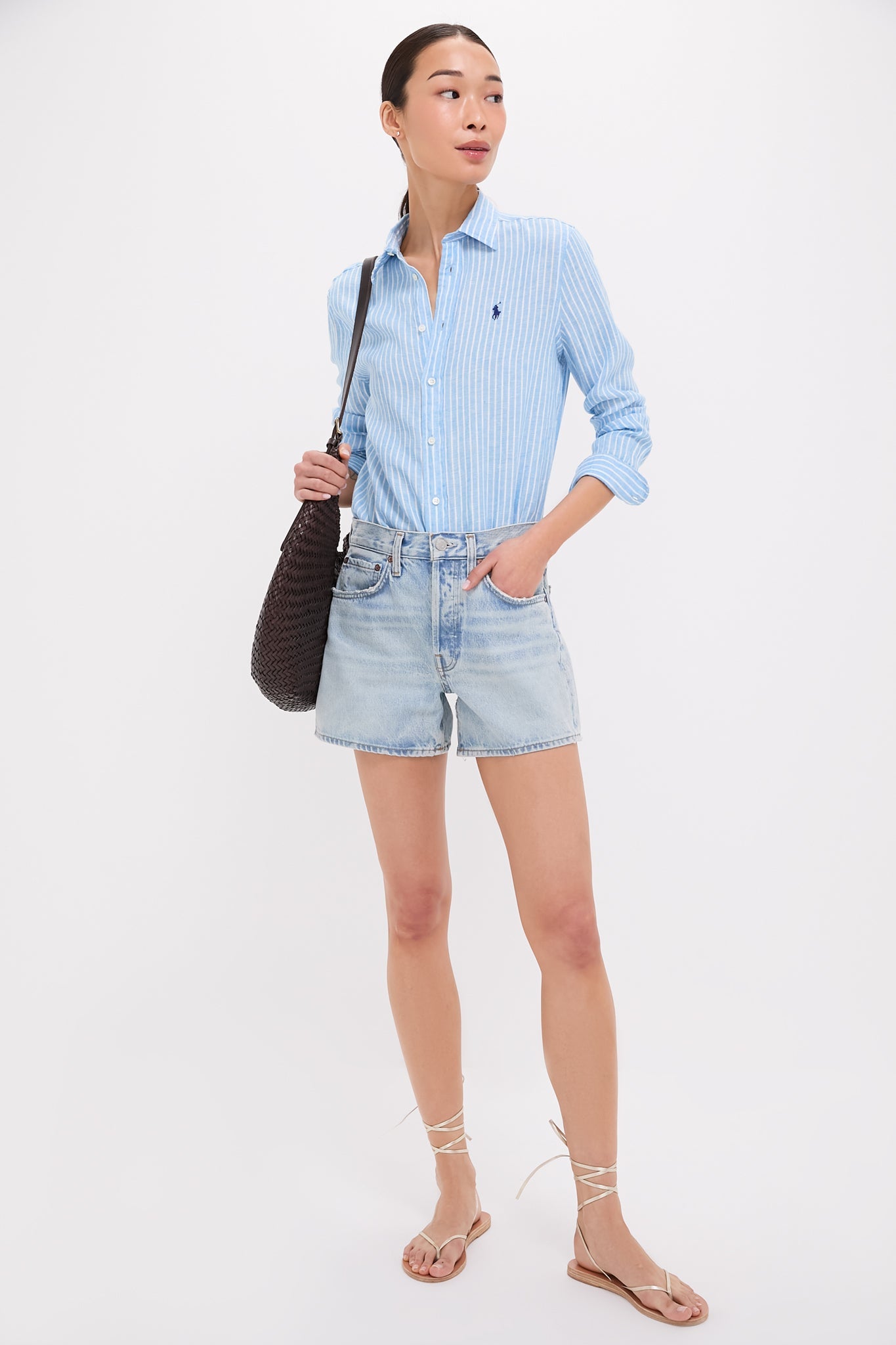 Light Blue and White Linen Long Sleeve Button Front Shirt