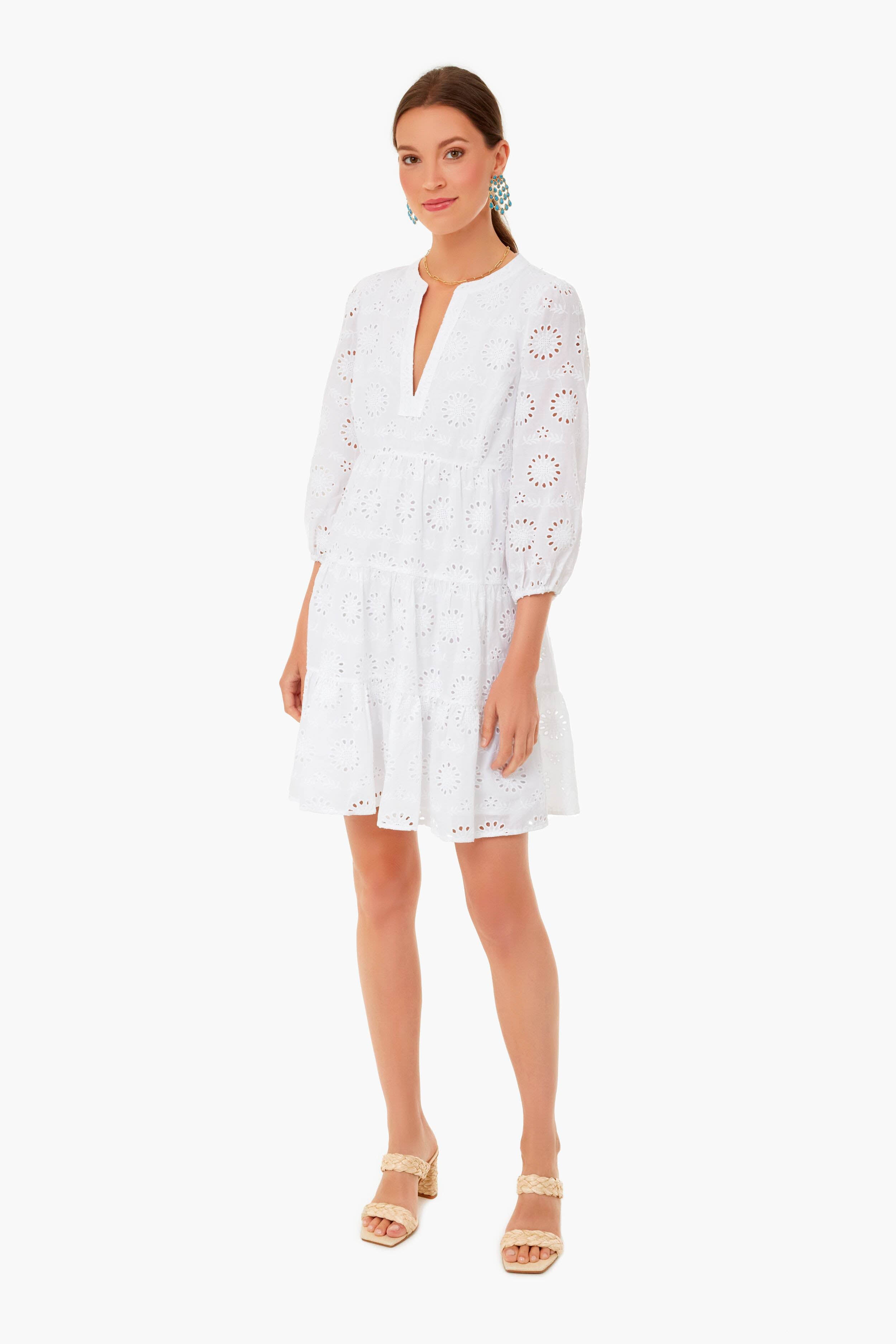 White Eyelet Long Sleeve Tunic Dress