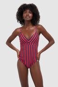 Hot Pepper and Navy Striped Dreamsculpt Push-Up Plunge One Piece