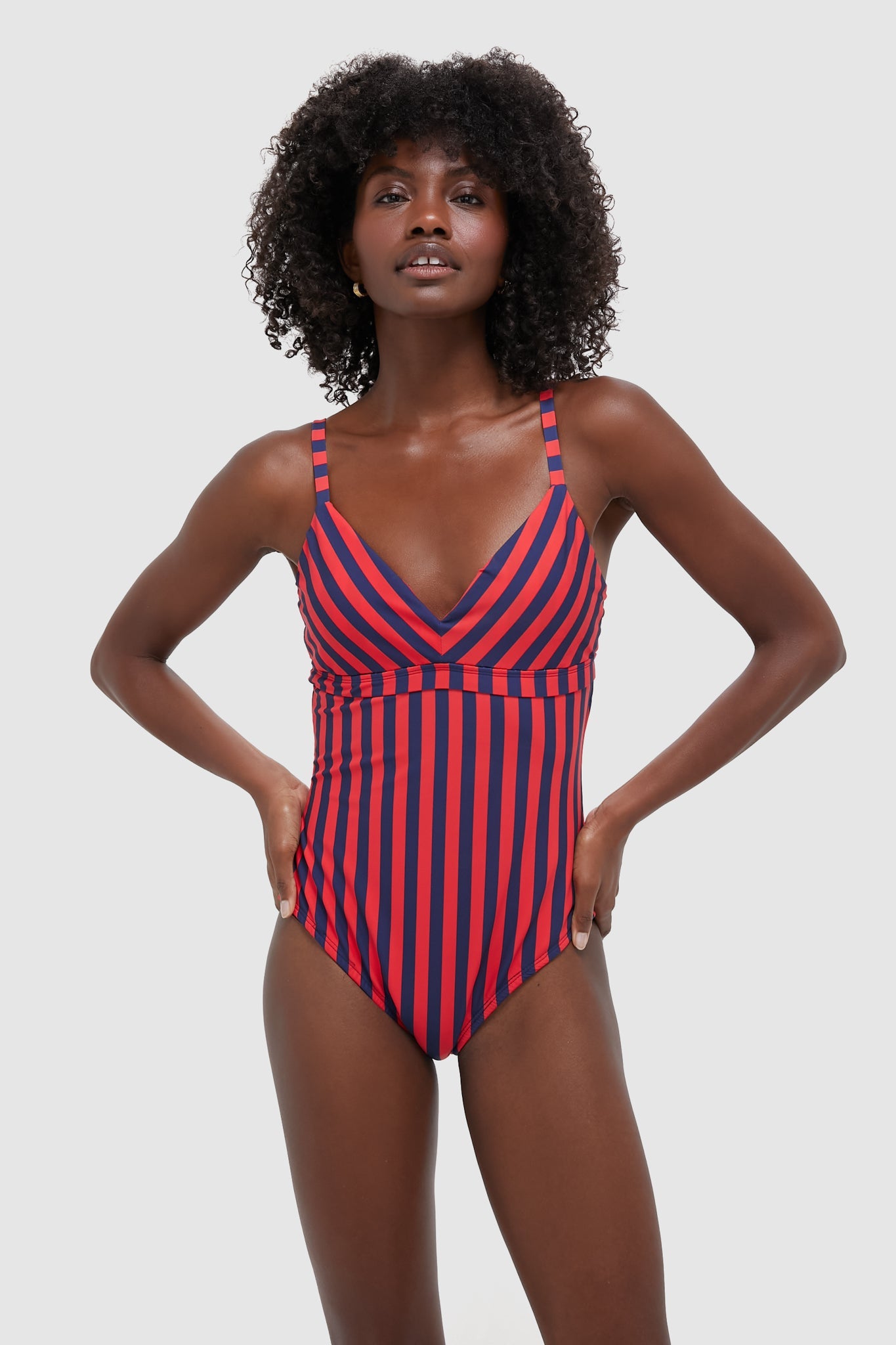 Hot Pepper and Navy Striped Dreamsculpt Push-Up Plunge One Piece