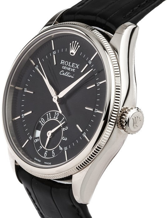Rolex Cellini Dual Time Black Dial 18k White Gold Men's Watch 50529-0007